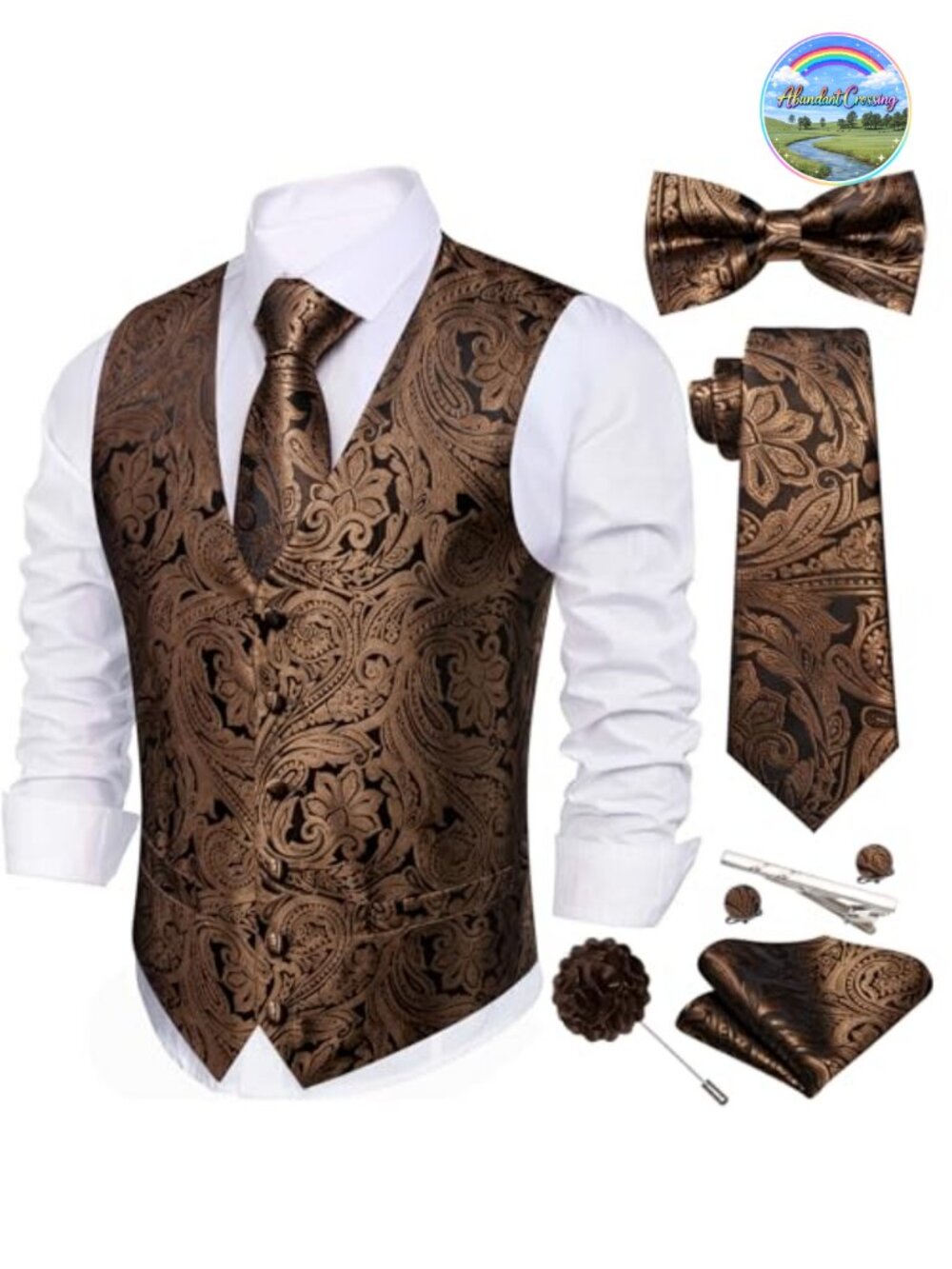 Men's Suit Vest Tie Bowtie Hanky Cufflinks 7PC Formal Set